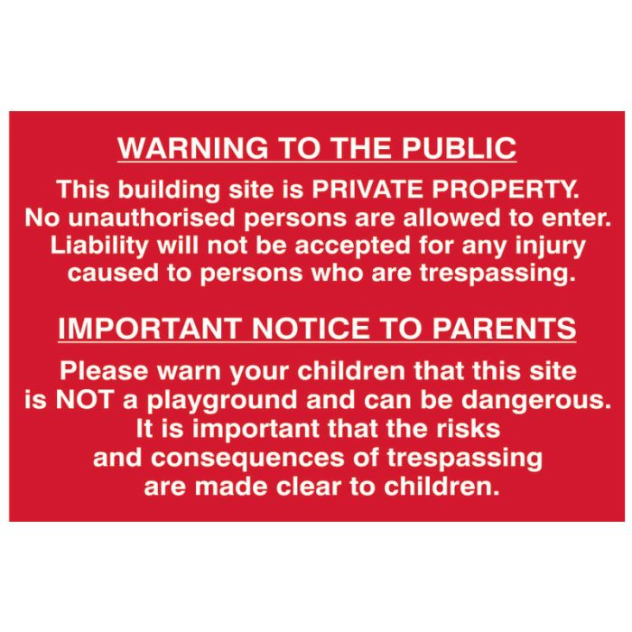 SCAN | SAFETY SIGN | BUILDING SITE WARNING TO PUBLIC & PARENTS | 600 X 400 | PVC main product photo