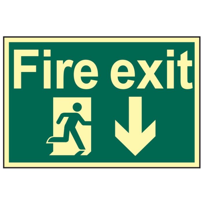 SCAN | SAFETY SIGN | FIRE EXIT RUNNING MAN ARROW DOWN | PHOTOLUMINESCENT | 300 X 200 | PVC main product photo