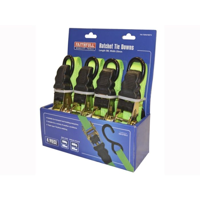 REAL DEALS XMAS 2024 | FAITHFULL | RATCHET TIE DOWN | GREEN | 5M | 25MM | PACK 4 main product photo