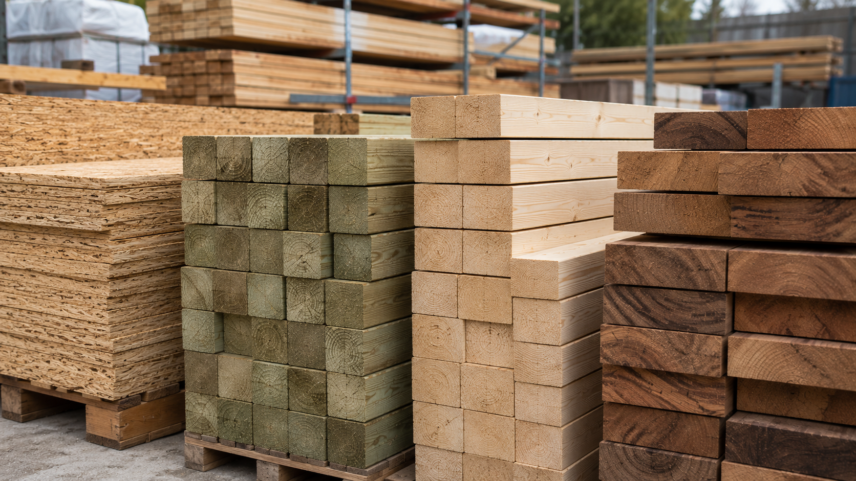 Different types of wood stacked in timber yard - NWTT